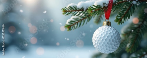 White golf ball ornament hanging from a red ribbon in winter branch, Ball ornaments, Red ribbon, Winter decorations