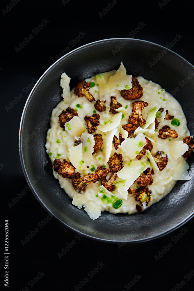Delicious creamy risotto topped with crispy roasted cauliflower florets and thinly shaved cheese, served in a deep black bowl, creating an appetizing contrast in colors Delicious creamy risotto topped with crispy roasted cauliflower florets and thinly shaved cheese, served in a deep black bowl, creating an appetizing contrast in colors