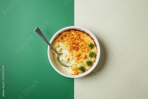 Delicious baked cauliflower casserole with broccoli on green and beige background