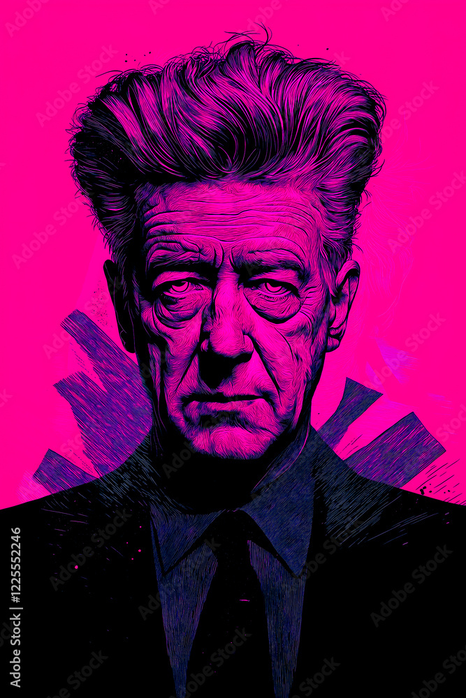 A digitally illustrated portrait of an older man with intense expression, high-contrast neon pink and black tones, and artistic shading A digitally illustrated portrait of an older man with intense expression, high-contrast neon pink and black tones, and artistic shading