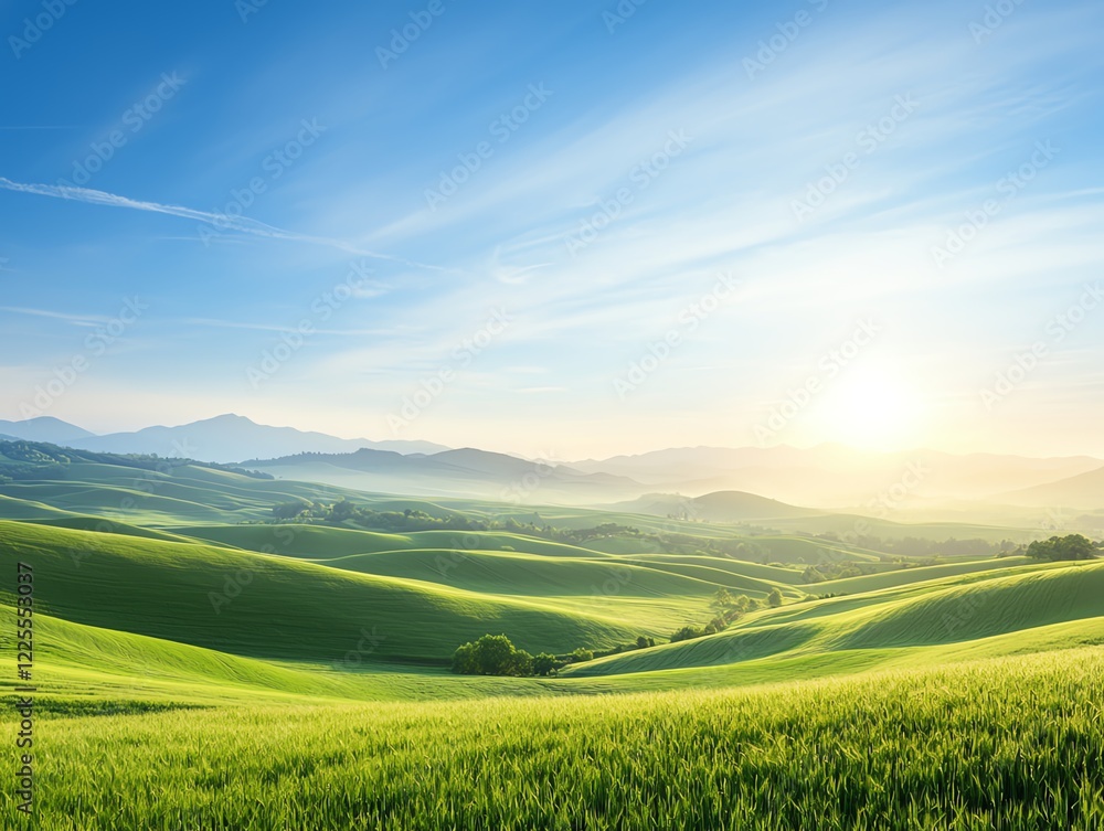 A breathtaking view of rolling green hills under a bright blue sky, with the sun rising on the horizon, capturing the beauty of nature and serene landscapes. A breathtaking view of rolling green hills under a bright blue sky, with the sun rising on the horizon, capturing the beauty of nature and serene landscapes.