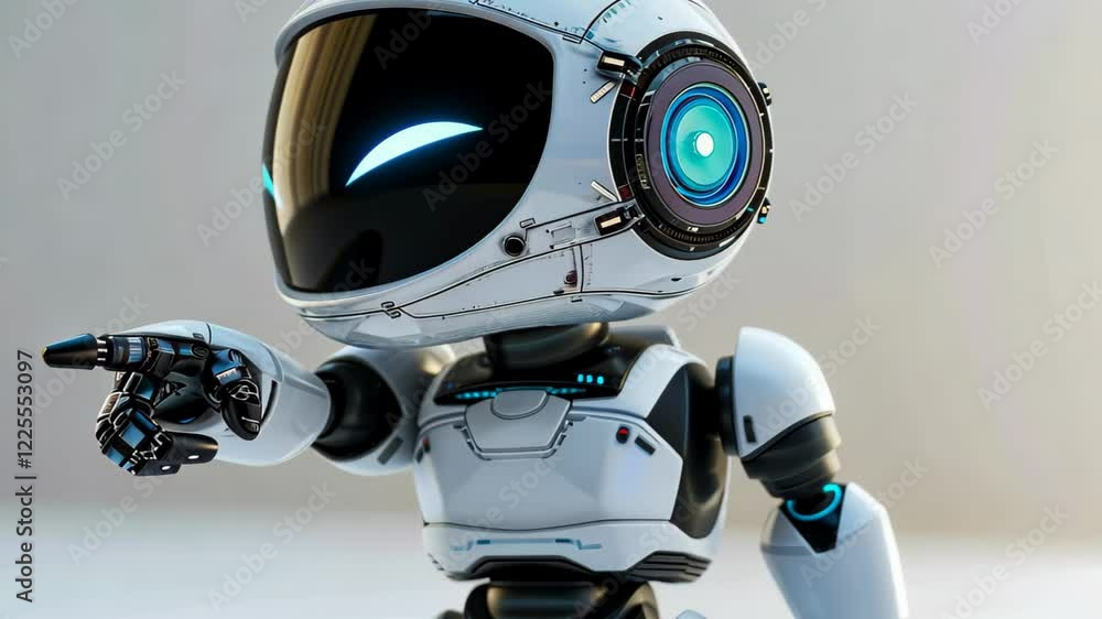 The small robot features a sleek body and glowing blue details while pointing, representing innovation in robotics and modern design trends. The small robot features a sleek body and glowing blue details while pointing, representing innovation in robotics and modern design trends.