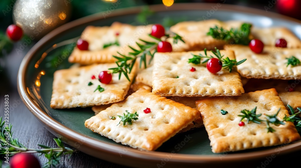 Cheddar holly crackers decorated with vibrant green parsley and red berries, arranged on a festive plate with a hint of rosemary Cheddar holly crackers decorated with vibrant green parsley and red berries, arranged on a festive plate with a hint of rosemary