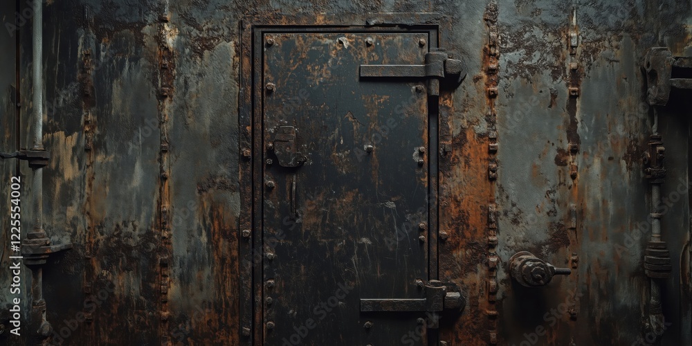 Rusty metal door with weathered texture and industrial design, showcasing corrosion and aged patina Rusty metal door with weathered texture and industrial design, showcasing corrosion and aged patina