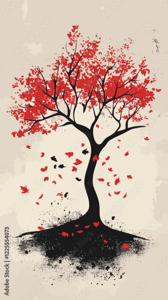 Fototapeta premium Autumn Tree with Red Leaves on Grunge Background - Minimalist Vector Illustration