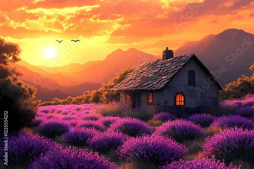 A charming cottage nestled in a sea of blooming lavender fields under a clear blue sky, creating a serene and picturesque countryside scene