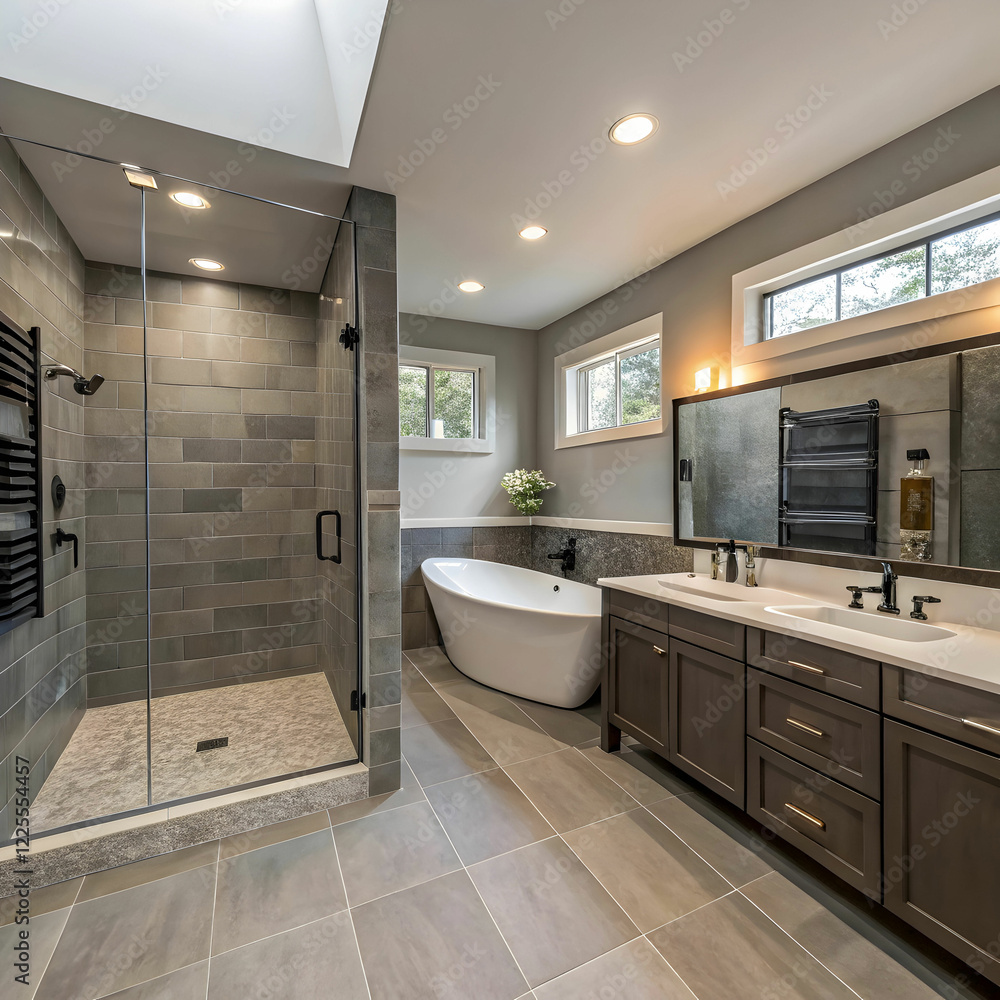 Luxurious Bathroom: Spacious Gray Tones with Heated Floors and Modern Design Luxurious Bathroom: Spacious Gray Tones with Heated Floors and Modern Design
