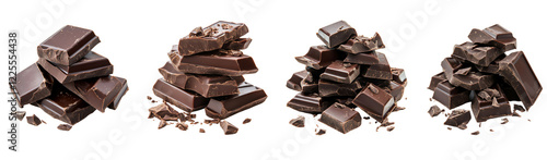 Four piles of dark chocolate pieces, some stacked and others broken apart, against a black background.