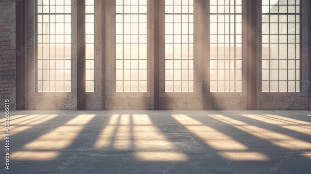 Sunlit industrial interior with large windows casting shadows on a concrete floor. Sunlit industrial interior with large windows casting shadows on a concrete floor.