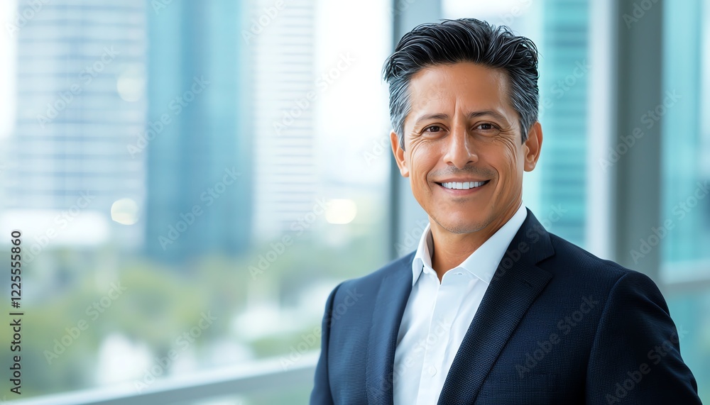 A confident businessman stands in a modern office environment, smiling at the camera with cityscape views. Perfect image for corporate presentations and professional profiles. A confident businessman stands in a modern office environment, smiling at the camera with cityscape views. Perfect image for corporate presentations and professional profiles.