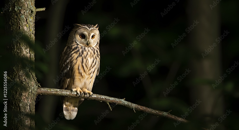 Majestic Short-eared Owl Perched on Branch in Dark Forest Majestic Short-eared Owl Perched on Branch in Dark Forest