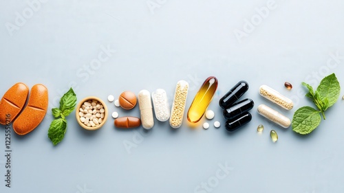 Menopause and Health concept. Vitamins and supplements arranged aesthetically with herbs on a light background.