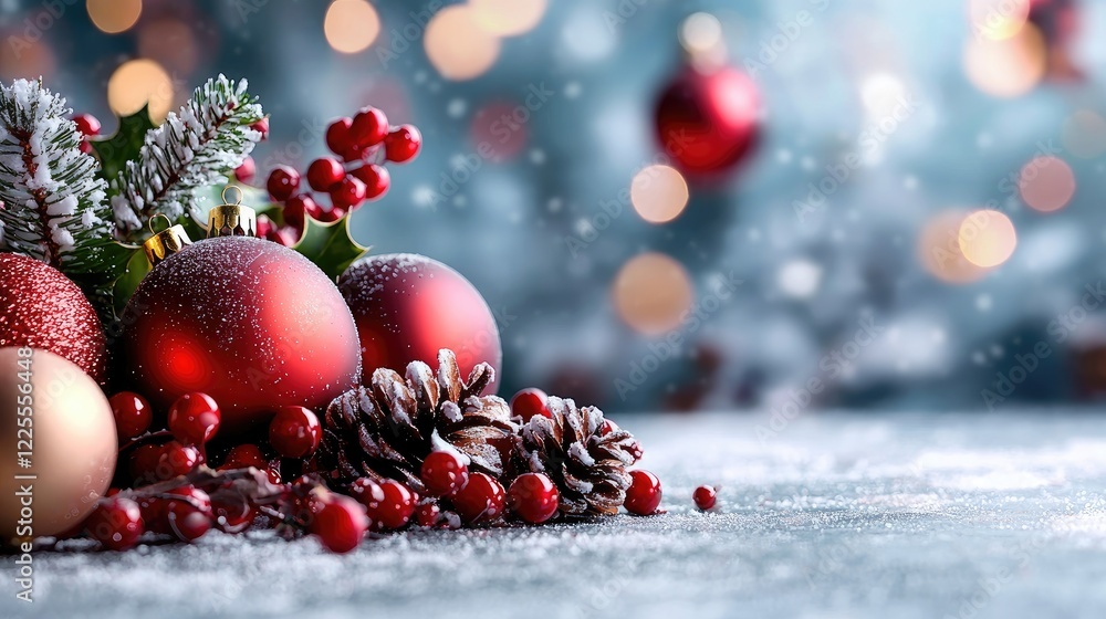 Festive Christmas ornaments and berries on snowy surface, bokeh background, holiday card Festive Christmas ornaments and berries on snowy surface, bokeh background, holiday card