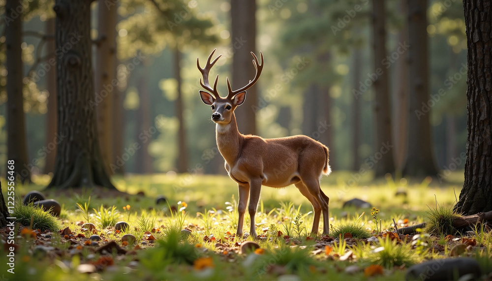 Graceful deer standing in lush forest clearing, nature's beauty Graceful deer standing in lush forest clearing, nature's beauty
