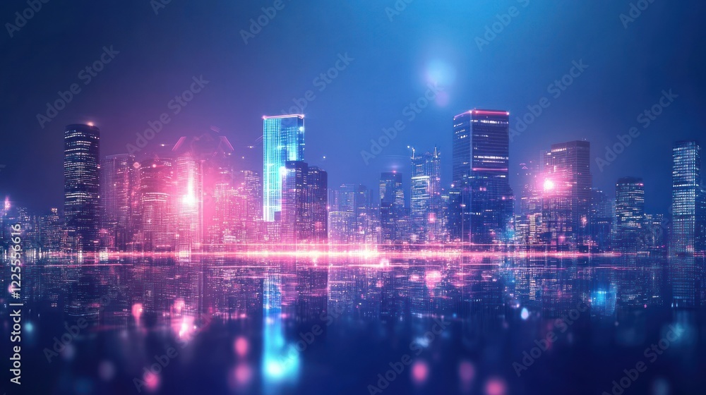 Neon Cityscape at Night: A Futuristic Metropolis Reflecting in Calm Waters Neon Cityscape at Night: A Futuristic Metropolis Reflecting in Calm Waters