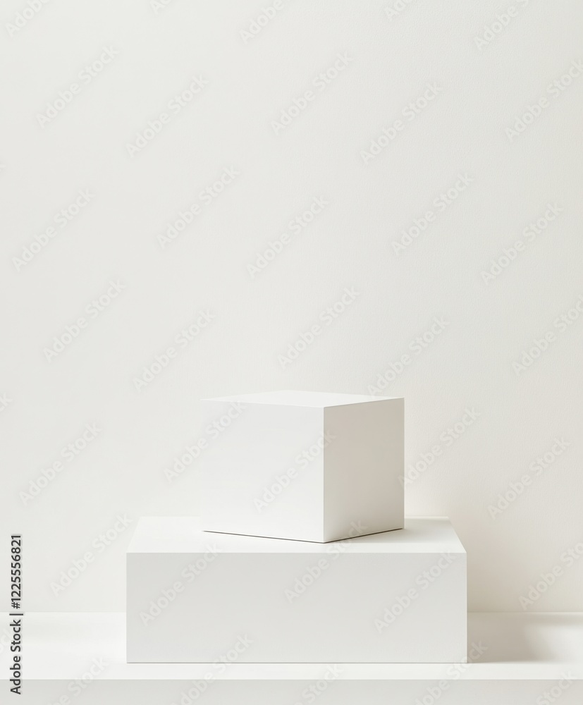 Minimalist white cube display on a larger white platform against a white backdrop. Minimalist white cube display on a larger white platform against a white backdrop.