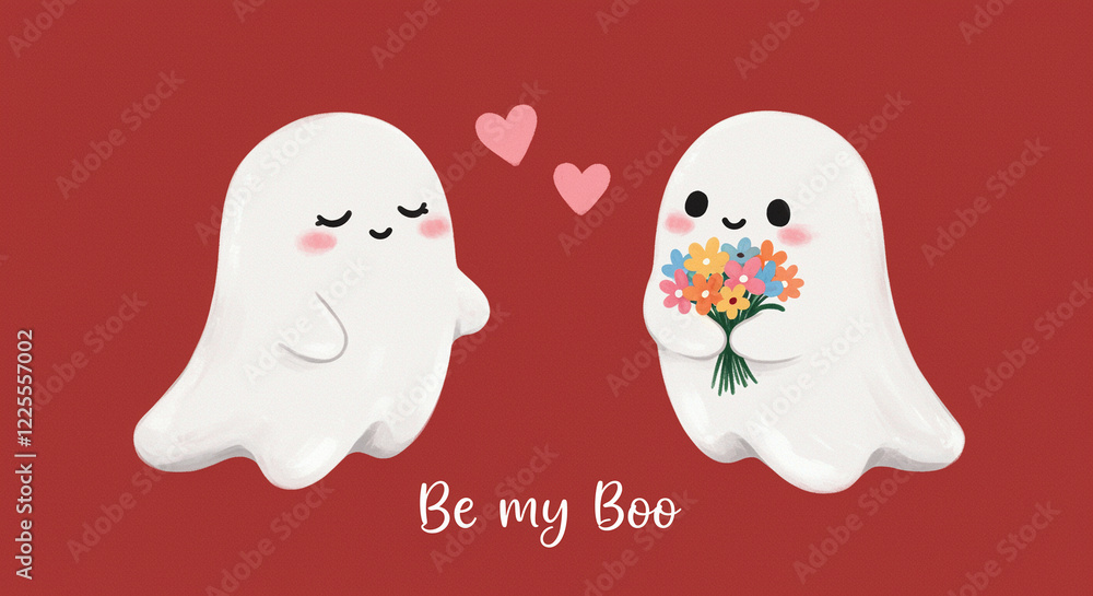ghosts holding flowers in a cute illustration with hearts for decoration and love ghosts holding flowers in a cute illustration with hearts for decoration and love