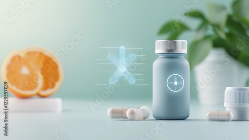 Menopause and Health concept. Bottle of pills beside orange, featuring a digital health graphic in a modern setting.