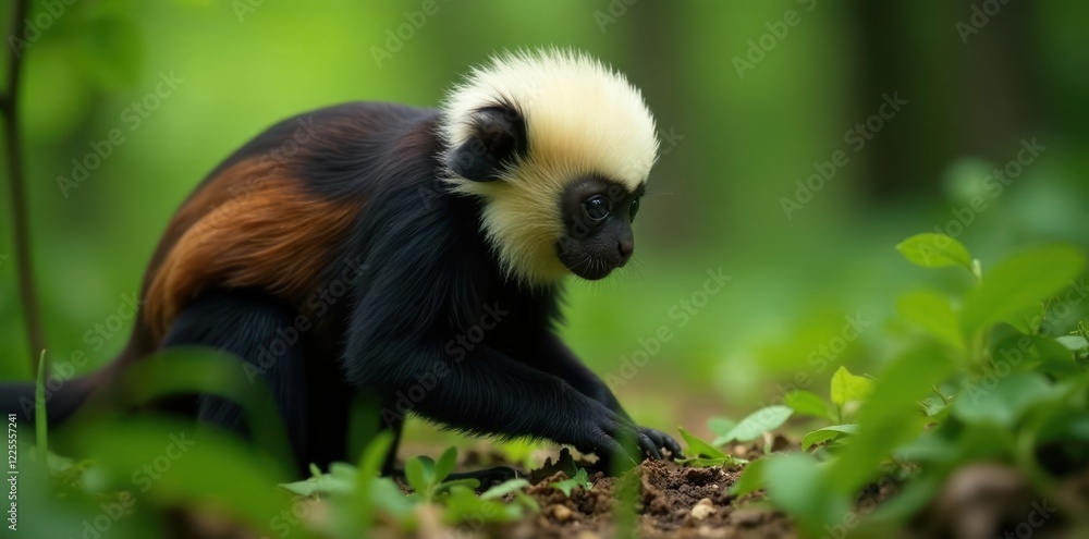 Fototapeta premium White headed capuchin foraging in forest undergrowth, capuchin, forest floor