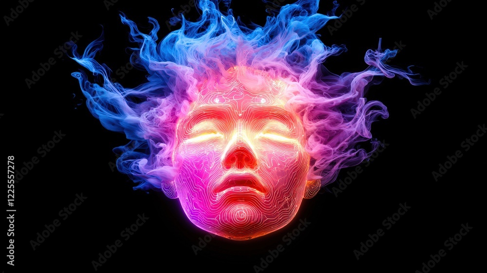 A vibrant, abstract depiction of a face surrounded by colorful, swirling flames, creating a mystical, ethereal effect against a dark background. A vibrant, abstract depiction of a face surrounded by colorful, swirling flames, creating a mystical, ethereal effect against a dark background.