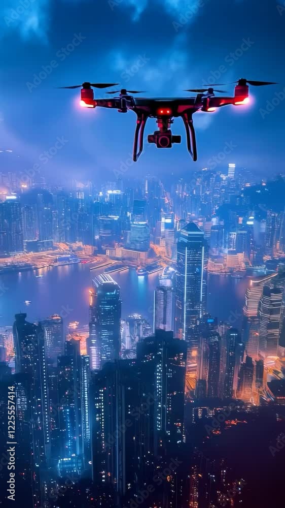 Stunning aerial view of a city skyline illuminated at night captured by a drone Stunning aerial view of a city skyline illuminated at night captured by a drone