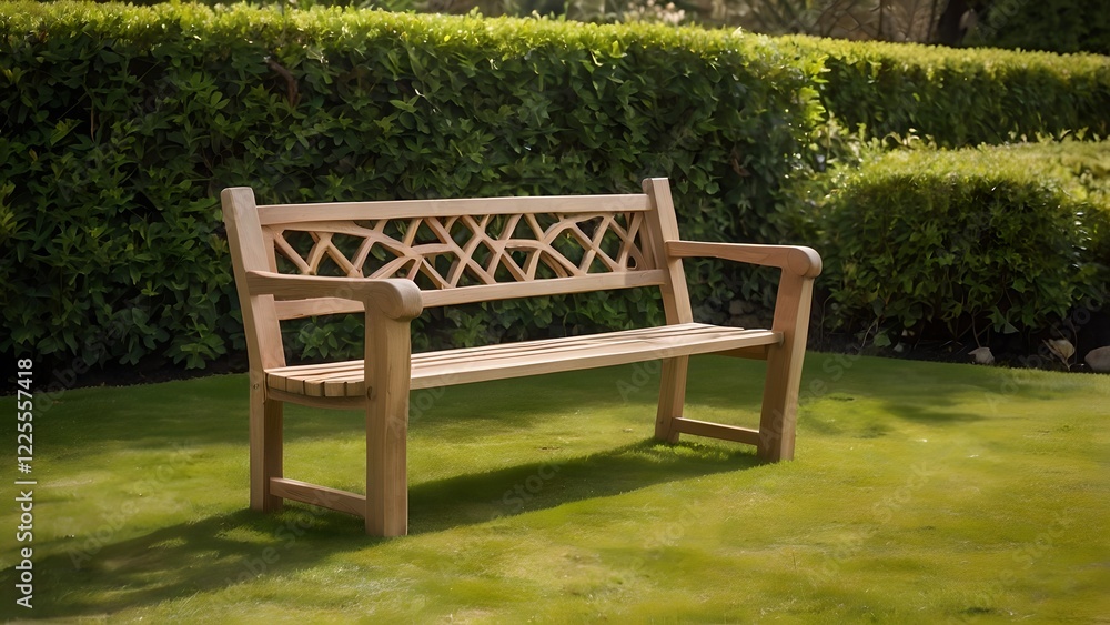 Serene Wooden Bench in Lush Garden Setting Serene Wooden Bench in Lush Garden Setting