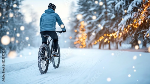 A cyclist rides through a snowy landscape, surrounded by trees adorned with lights. The scene captures the thrill of winter biking in a serene and festive atmosphere. photo