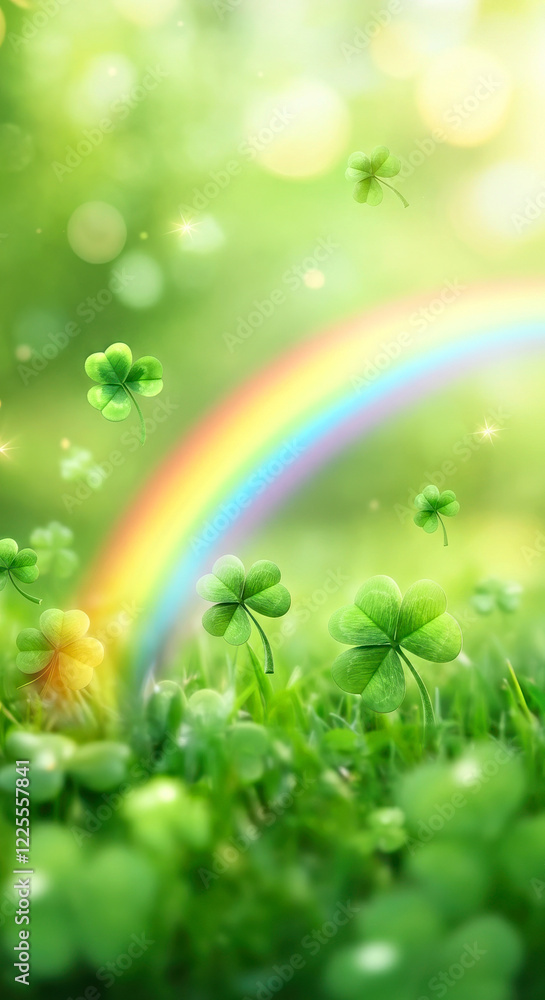 Vibrant Rainbow Over Lush Clover Field: Nature's Serene Harmony. St. Patrick's Day concept Vibrant Rainbow Over Lush Clover Field: Nature's Serene Harmony. St. Patrick's Day concept
