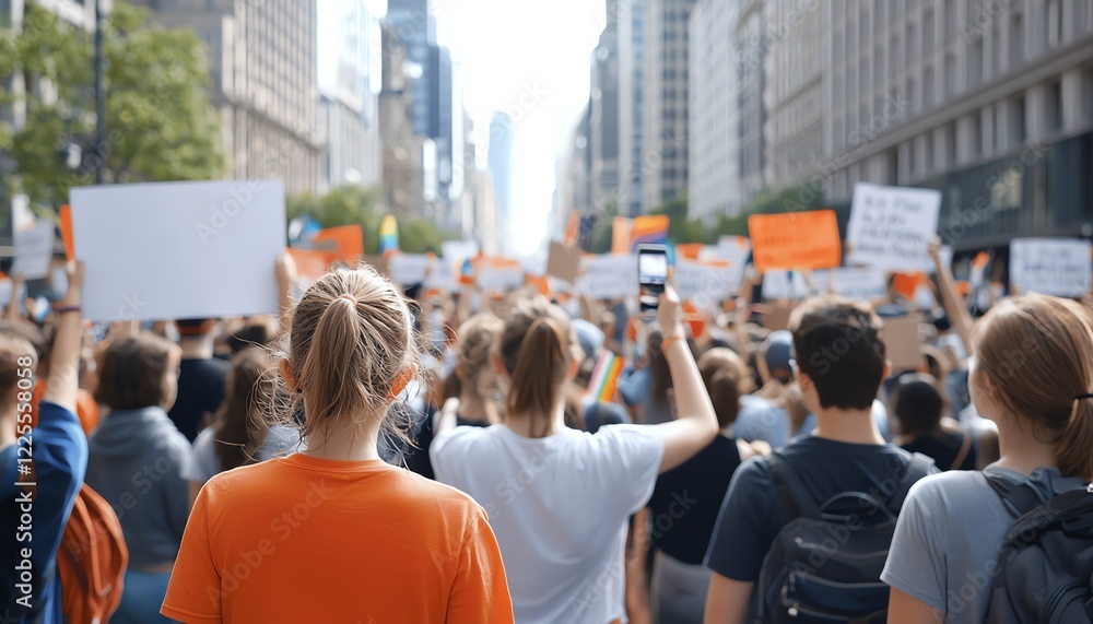 Fototapeta premium A diverse group of activists participating in a peaceful protest, holding signs with messages of change in a busy urban environment, showcasing unity and civic engagement.