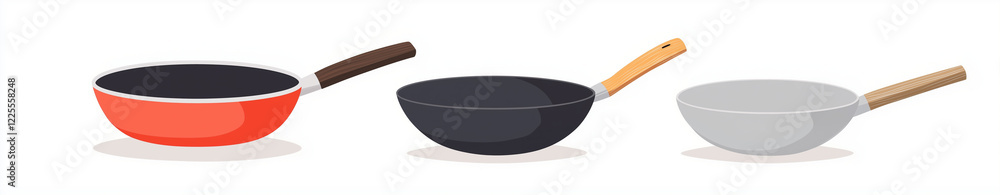 Three pans, one red and black pan with a wooden handle, the other is a grey aluminum pan, all on a white background Three pans, one red and black pan with a wooden handle, the other is a grey aluminum pan, all on a white background