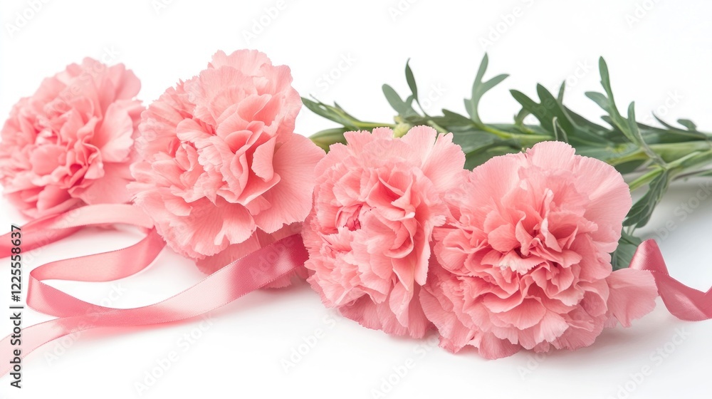 Happy Mother's Day background with pink carnations and a gift box on a white isolated background, close-up view of a mother's day flowers bouquet and ribbon decoration Happy Mother's Day background with pink carnations and a gift box on a white isolated background, close-up view of a mother's day flowers bouquet and ribbon decoration