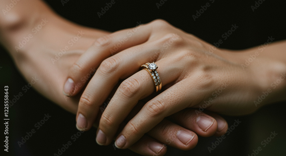 Hands with wedding and engagement rings showing love and commitment in a close-up shot Hands with wedding and engagement rings showing love and commitment in a close-up shot