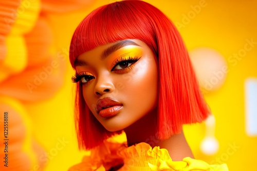 Short hairdo - red hair. Commercial promotion graphic design. Attractive happy black girl - for ads, billboard and internet use. Artistic african model. African american art. Black girl powe. photo