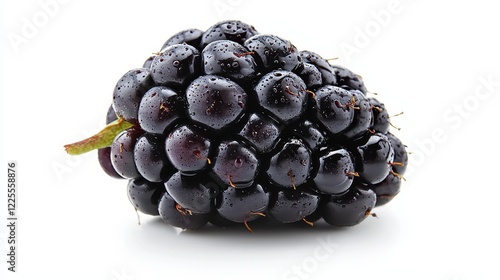 Fresh blackberries with droplets of water on a white background highlighting the juicy texture and rich color of the fruit for culinary and health-related uses.