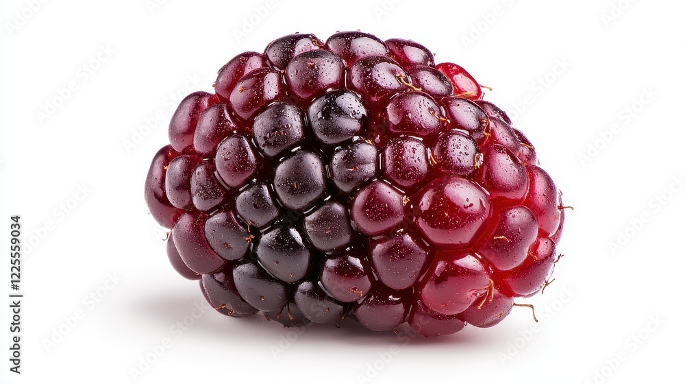 Fresh blackberry covered in droplets of water, highlighting its plump texture and rich color against a clean white background, making it an enticing fruit choice. Fresh blackberry covered in droplets of water, highlighting its plump texture and rich color against a clean white background, making it an enticing fruit choice.