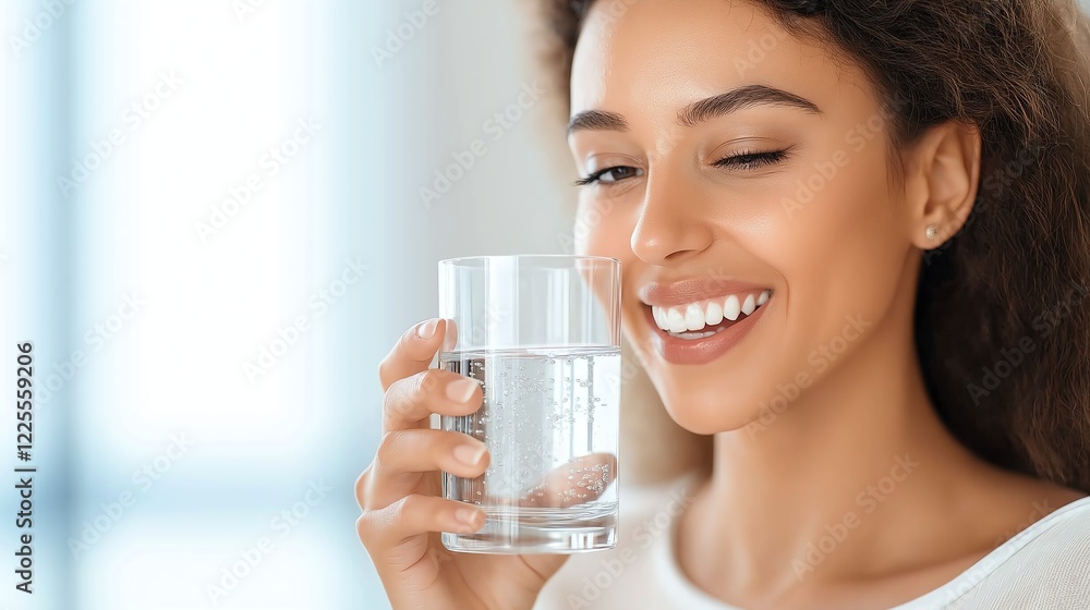 A happy woman enjoying a refreshing glass of water, capturing the essence of hydration, health, and well-being in a bright and cheerful environment. A happy woman enjoying a refreshing glass of water, capturing the essence of hydration, health, and well-being in a bright and cheerful environment.