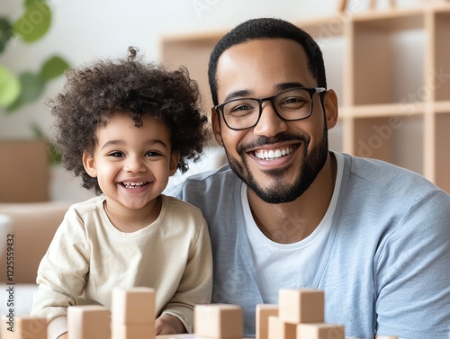 A joyful father and his young child share a moment of play, surrounded by wooden blocks photo