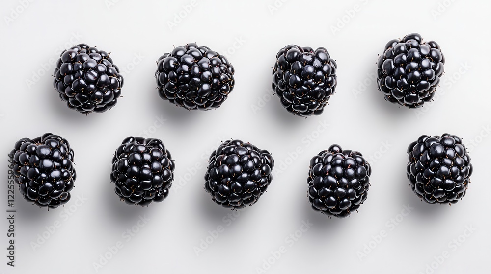Blackberries arranged neatly on a light background, showing the shiny texture and rich color of the fruit, highlighting their freshness and appealing appearance. Blackberries arranged neatly on a light background, showing the shiny texture and rich color of the fruit, highlighting their freshness and appealing appearance.