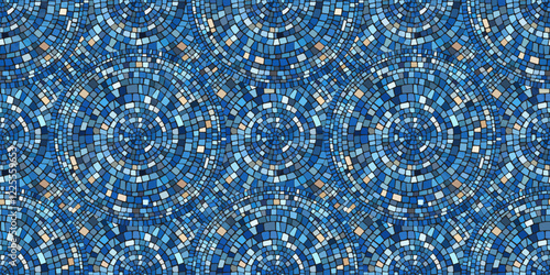Seamless pattern blue Circular Mosaic. Decorative Antique Stone Ornament.