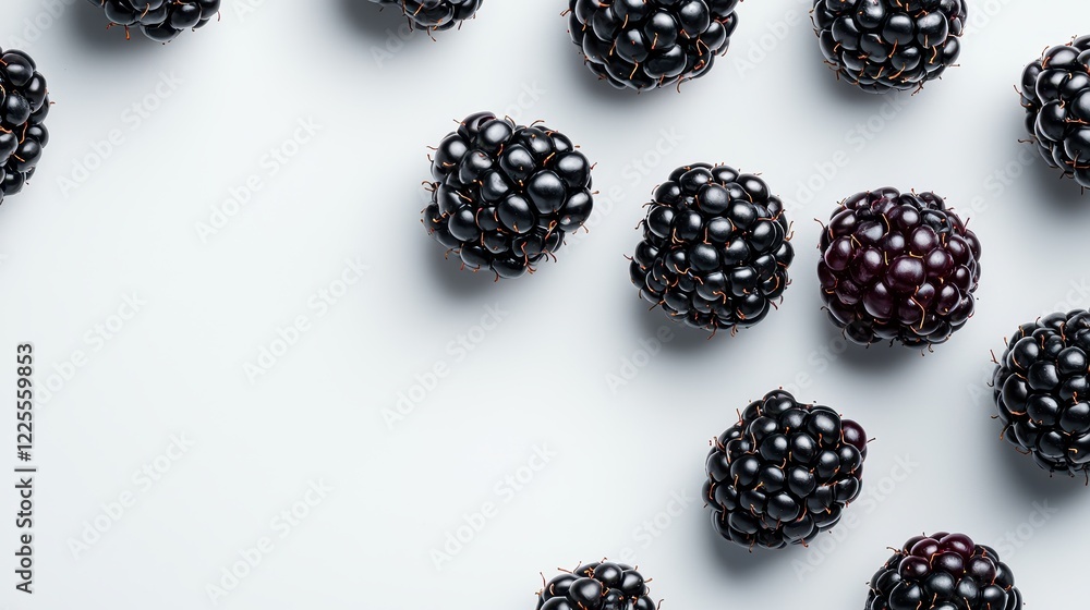 Blackberries scattered on a light grey surface with a fresh and vibrant appearance showcasing their juicy texture and deep color. Blackberries scattered on a light grey surface with a fresh and vibrant appearance showcasing their juicy texture and deep color.