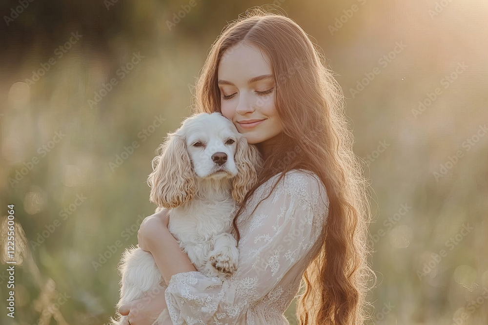 Young woman hugging her dog outdoors during golden hour, capturing love, companionship, and natural beauty Young woman hugging her dog outdoors during golden hour, capturing love, companionship, and natural beauty