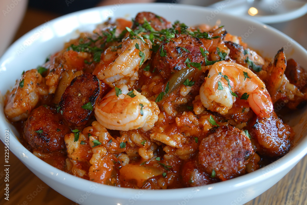 A vibrant bowl of shrimp and sausage jambalaya garnished with herbs, showcasing a delicious meal A vibrant bowl of shrimp and sausage jambalaya garnished with herbs, showcasing a delicious meal