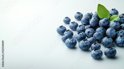 Fresh blueberries arranged with green leaves on a smooth light background, showcasing their vibrant color and natural appeal, ideal for healthy eating or dessert recipes.