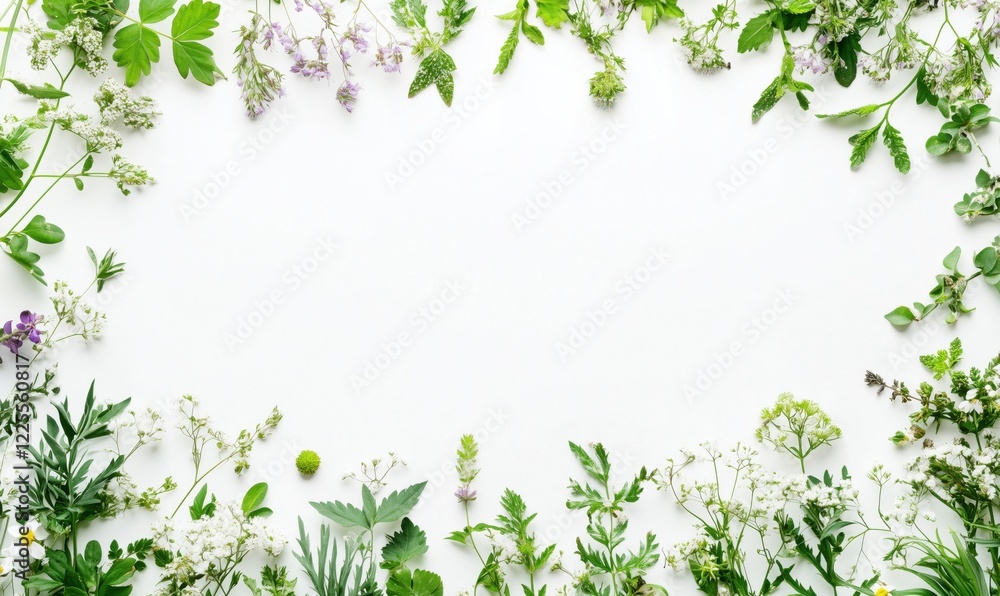 Floral Arrangement of Fresh Green Herbs and Wildflowers on White Background, Perfect for Natural Decor and Botanical Inspiration Floral Arrangement of Fresh Green Herbs and Wildflowers on White Background, Perfect for Natural Decor and Botanical Inspiration