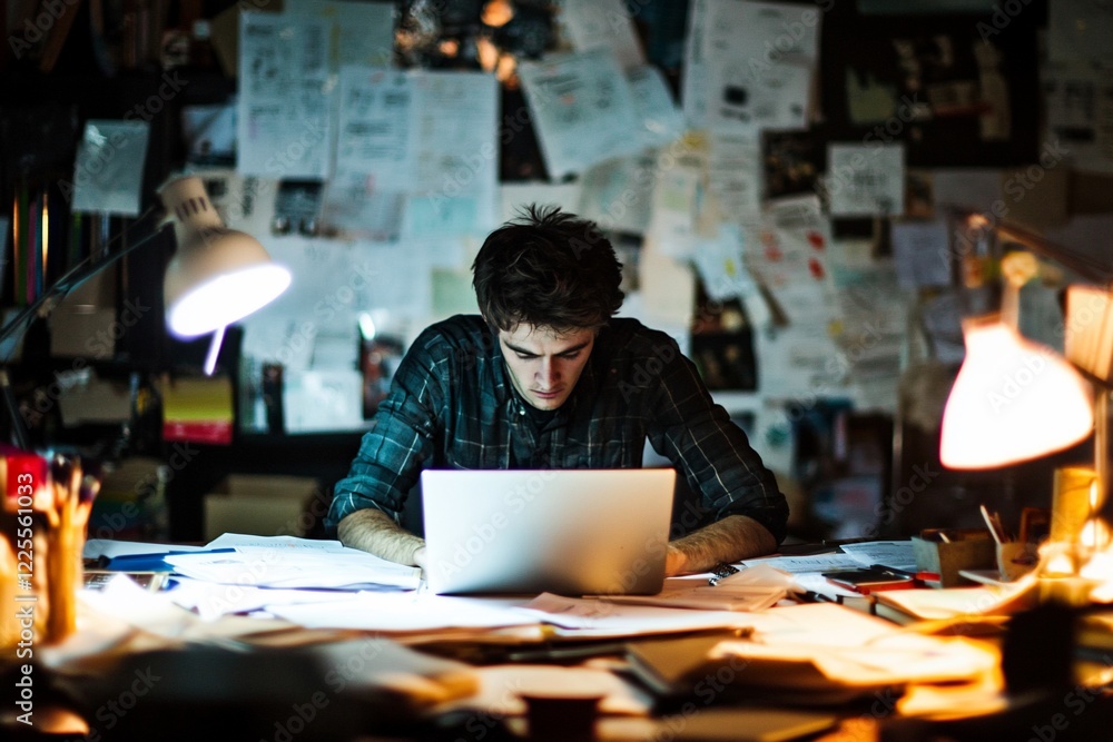 Fototapeta premium Young man focused on laptop in a dimly lit workspace filled with scattered papers and notes