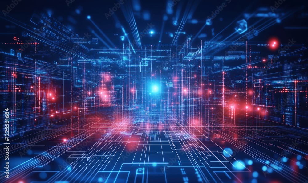 Futuristic digital landscape with glowing lines and data streams, showcasing advanced technology and cybernetic connections Futuristic digital landscape with glowing lines and data streams, showcasing advanced technology and cybernetic connections