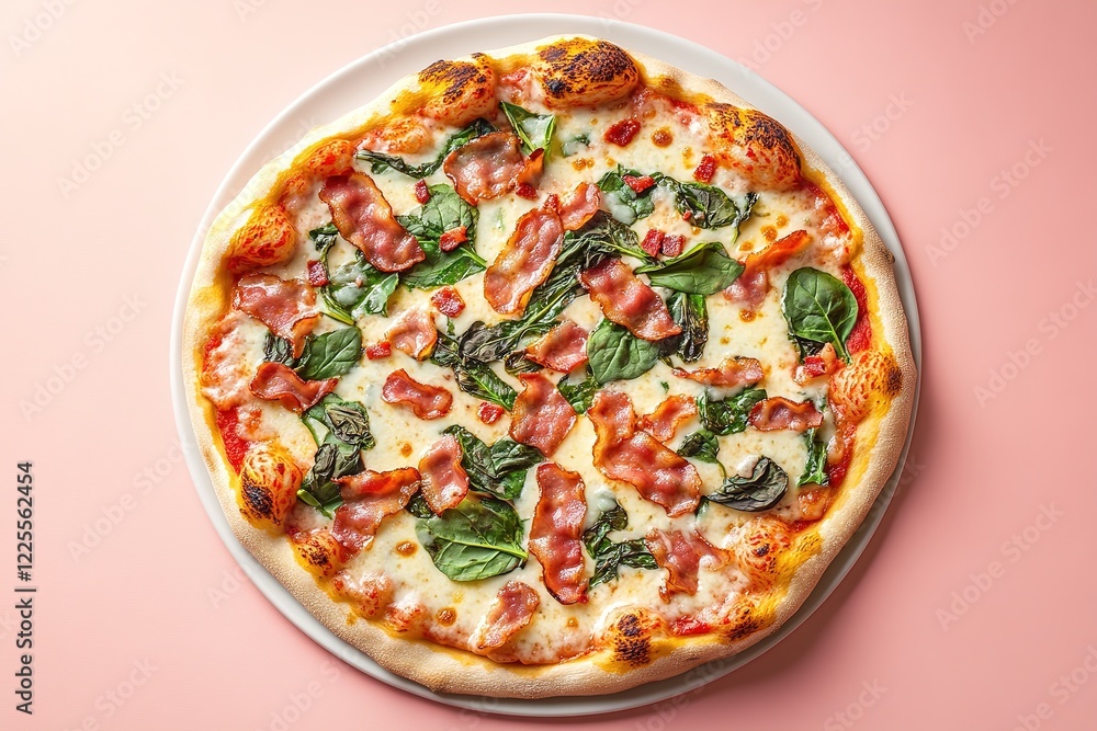Mouthwatering Large Pizza with Bacon and Spinach on a Vibrant Pink Background
Mouthwatering Large Pizza with Bacon and Spinach on a Vibrant Pink Background