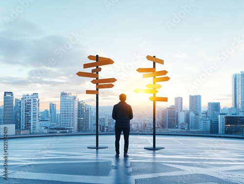 A silhouette of a person standing at a directional sign, contemplating future choices against a backdrop of a vibrant urban skyline at sunset, symbolizing decision-making and refle photo