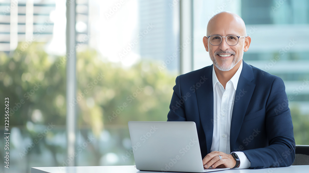 A smiling mature businessman sits confidently at his desk with a laptop. Modern office setting showcases professional demeanor and positive work environment. A smiling mature businessman sits confidently at his desk with a laptop. Modern office setting showcases professional demeanor and positive work environment.