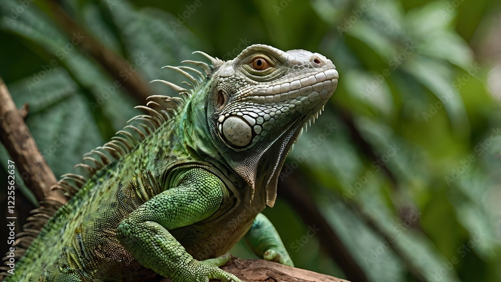 Green Iguana Resting on a Branch in Lush Tropical Foliage Green Iguana Resting on a Branch in Lush Tropical Foliage